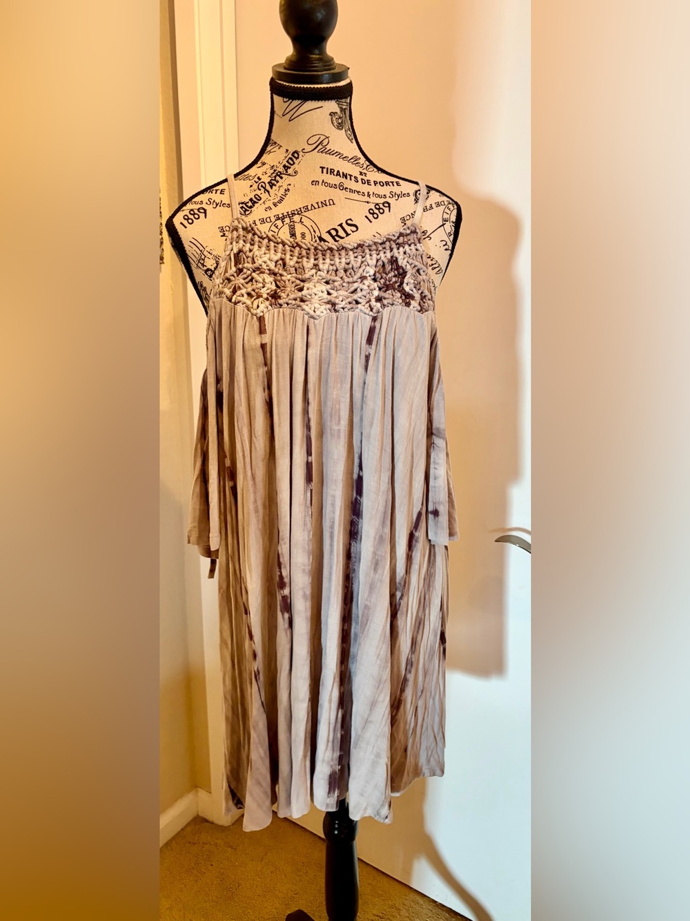 Boho Crochet Yoke Tie-Dye mini Dress in Taupe and Brown